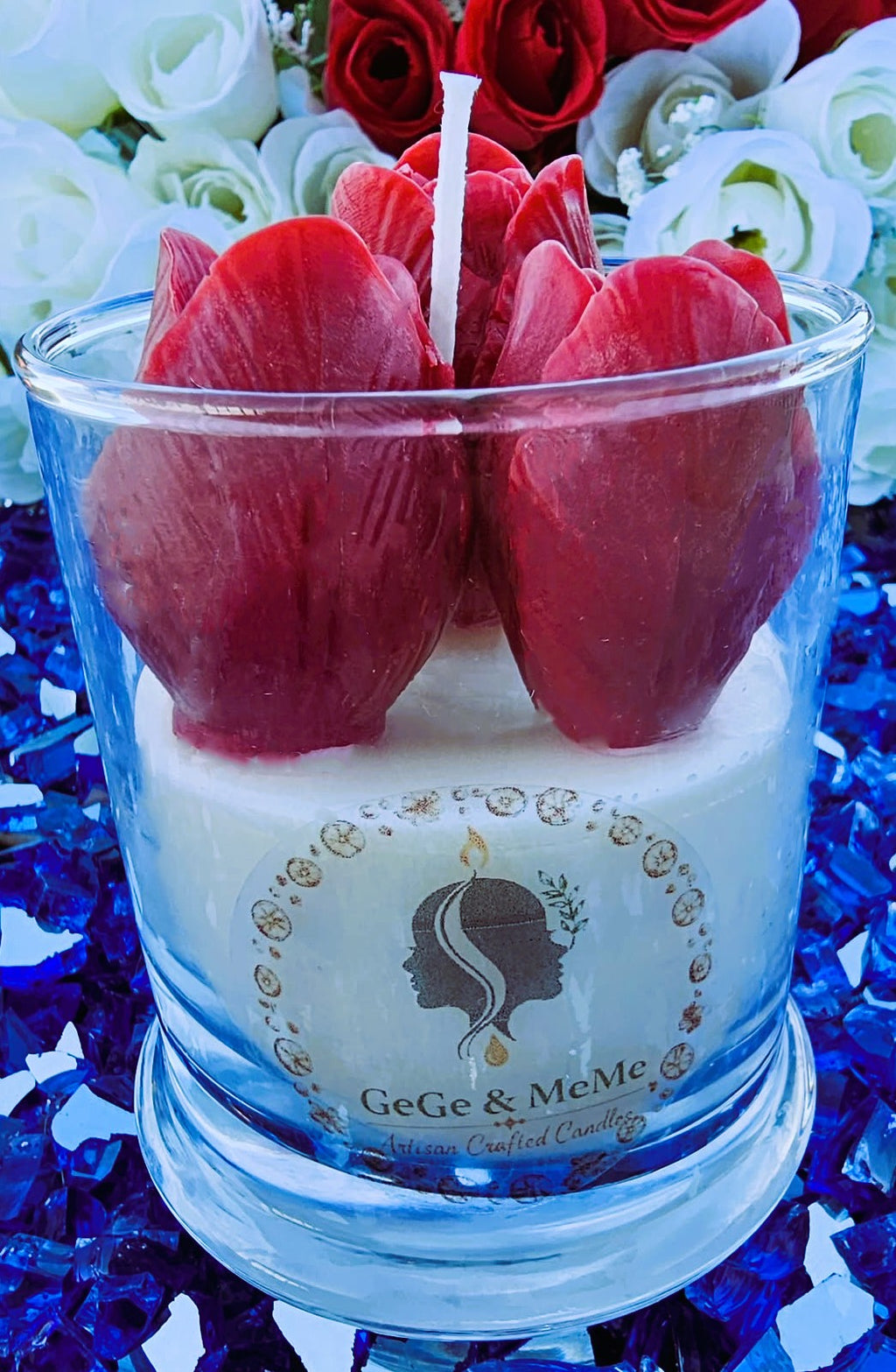 Round White Candle with Red Tulips