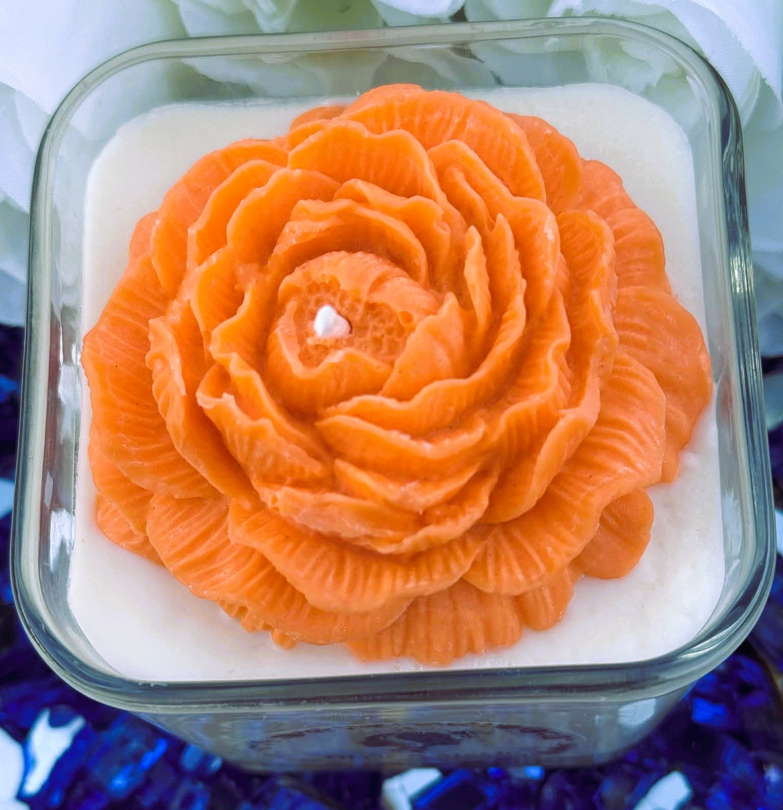 Square White Candle with Orange Peony