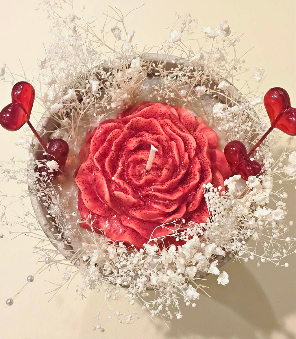 Valentine Red Peony Candle in Grey Clay Pot with Gift Box