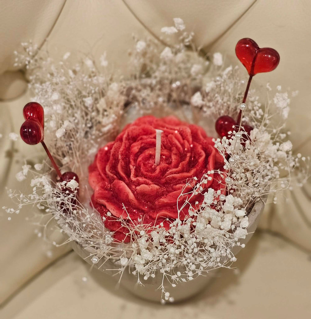 Valentine Red Peony Candle in Grey Clay Pot with Gift Box