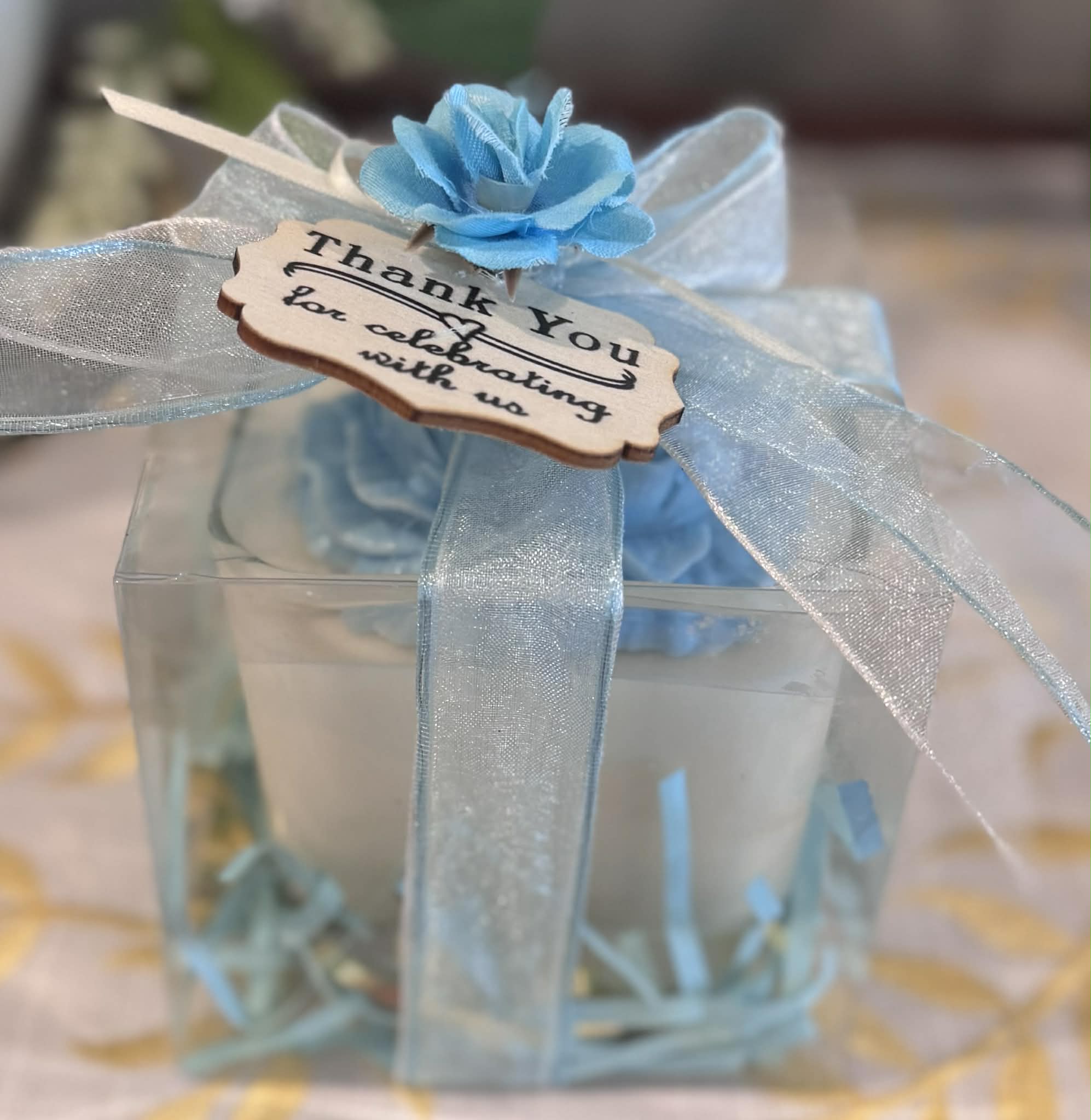 Valentine Square White Candle with Lite Blue Peony and Gift Box