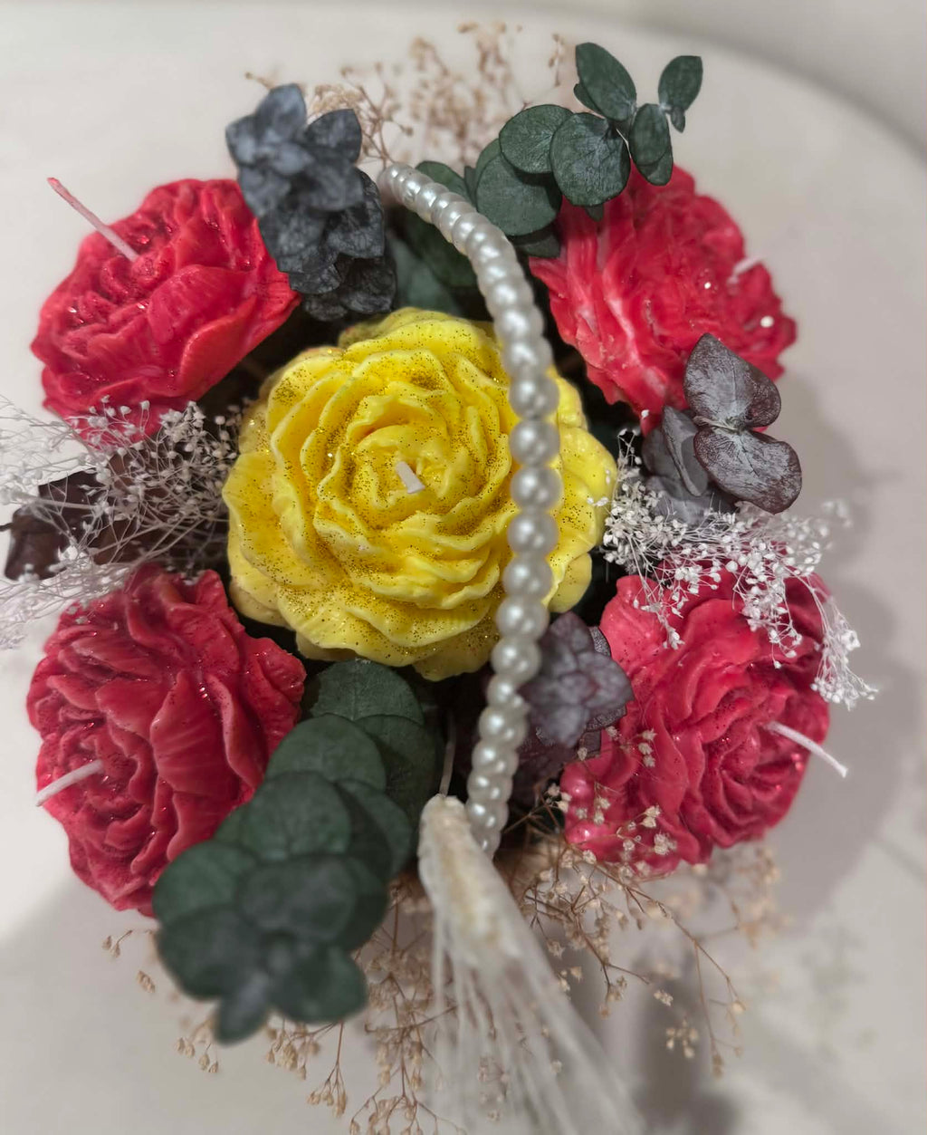 Pearl Handle Basket with mixed Peony Candles