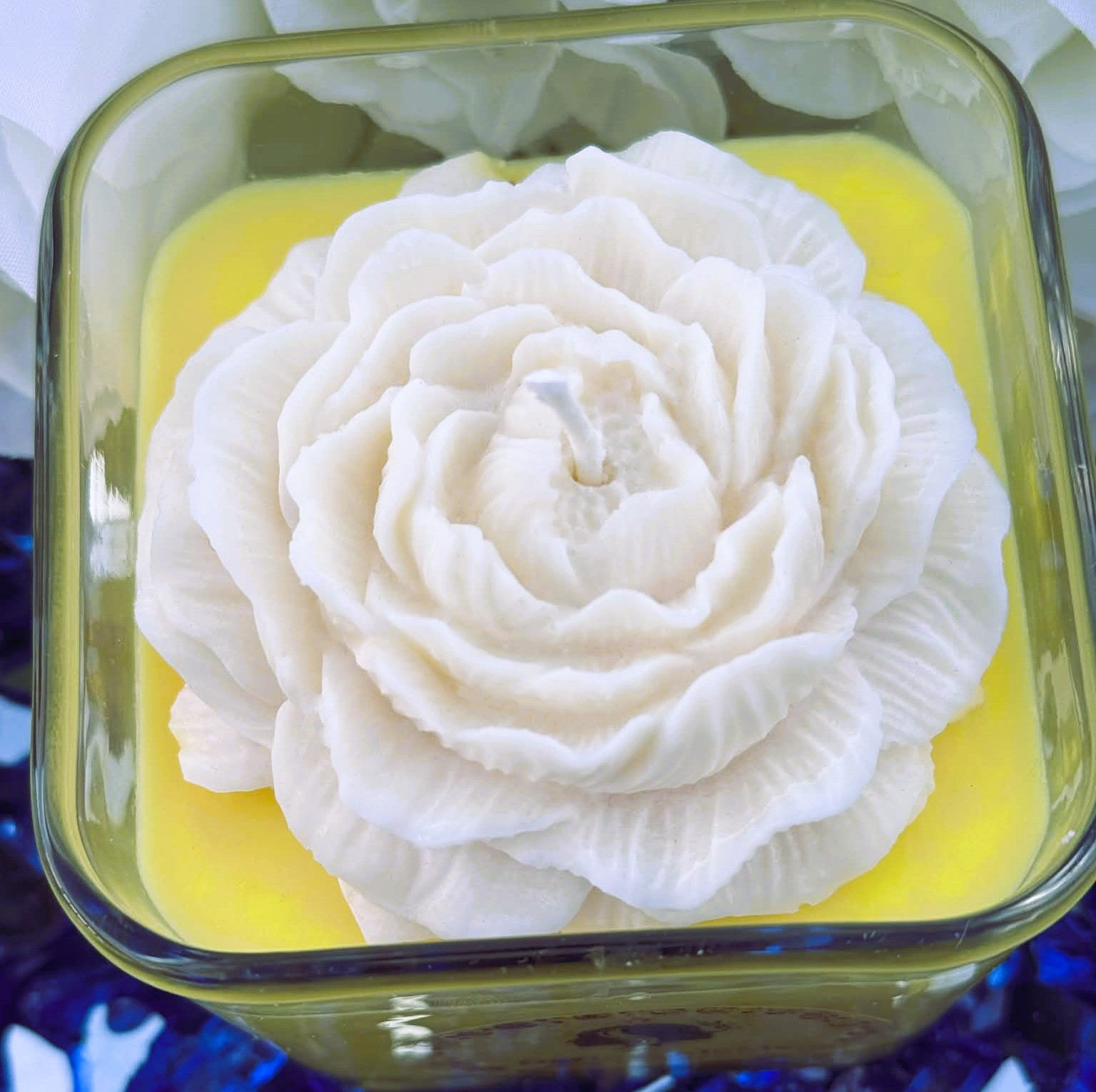 Square Yellow Candle with White Peony