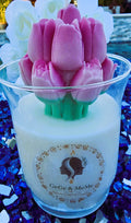 Round White Flared Candle with Pink Tulip Bouquet