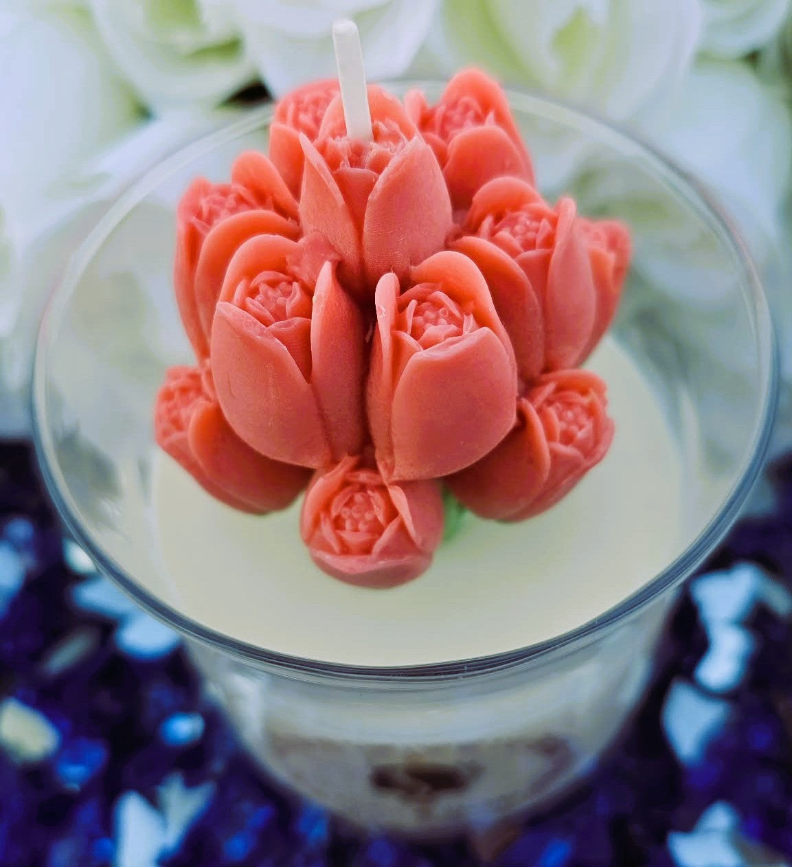 Round White Flared Candle with Orange Tulip Bouquet