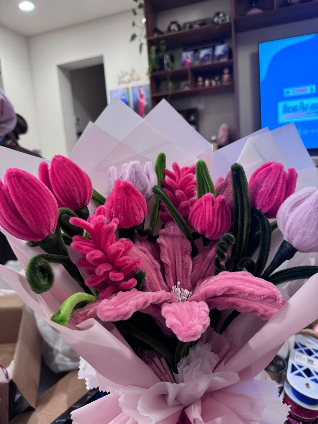 Red & Pink handmade pipe cleaner flowers