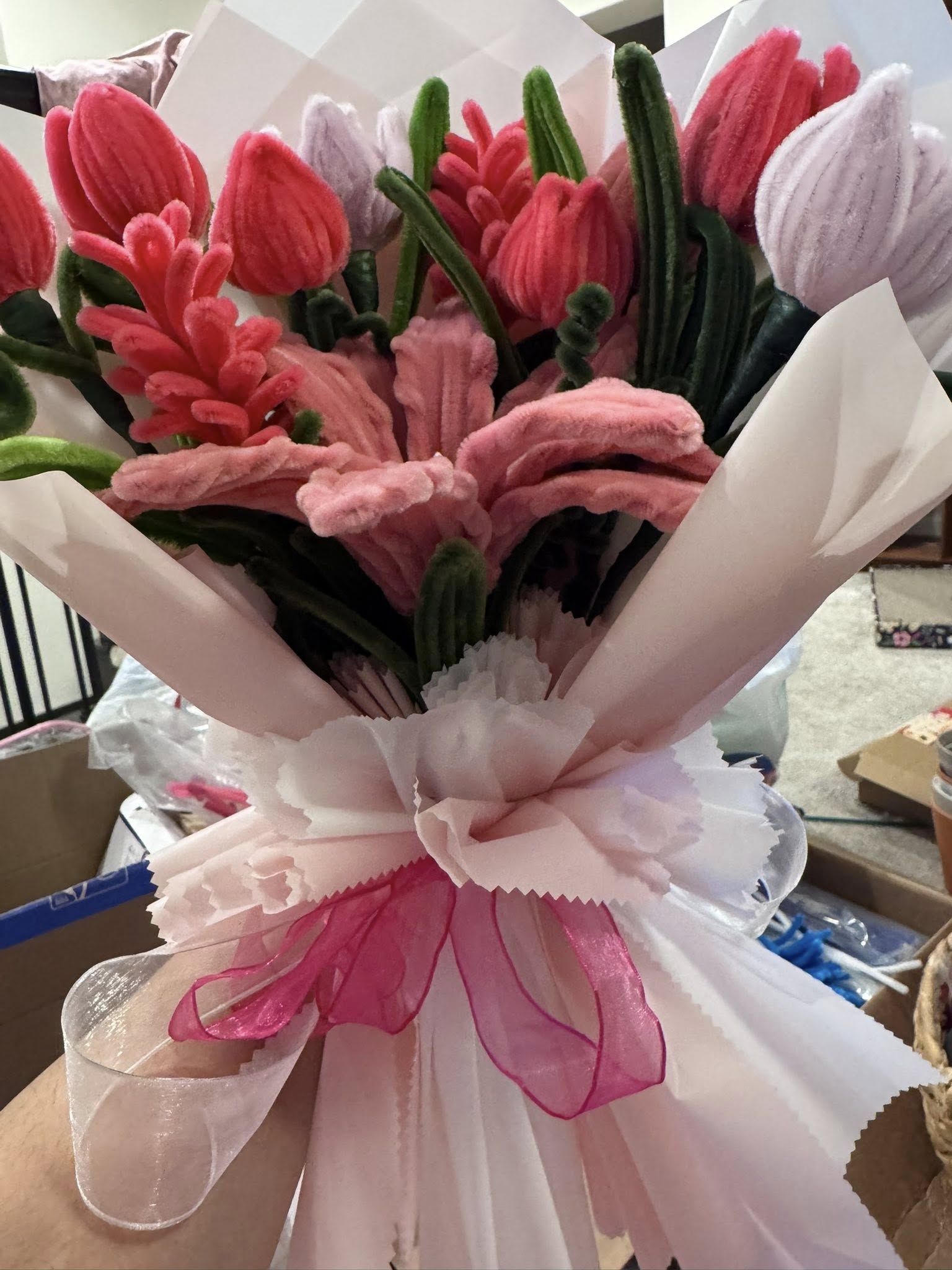 Red & Pink handmade pipe cleaner flowers