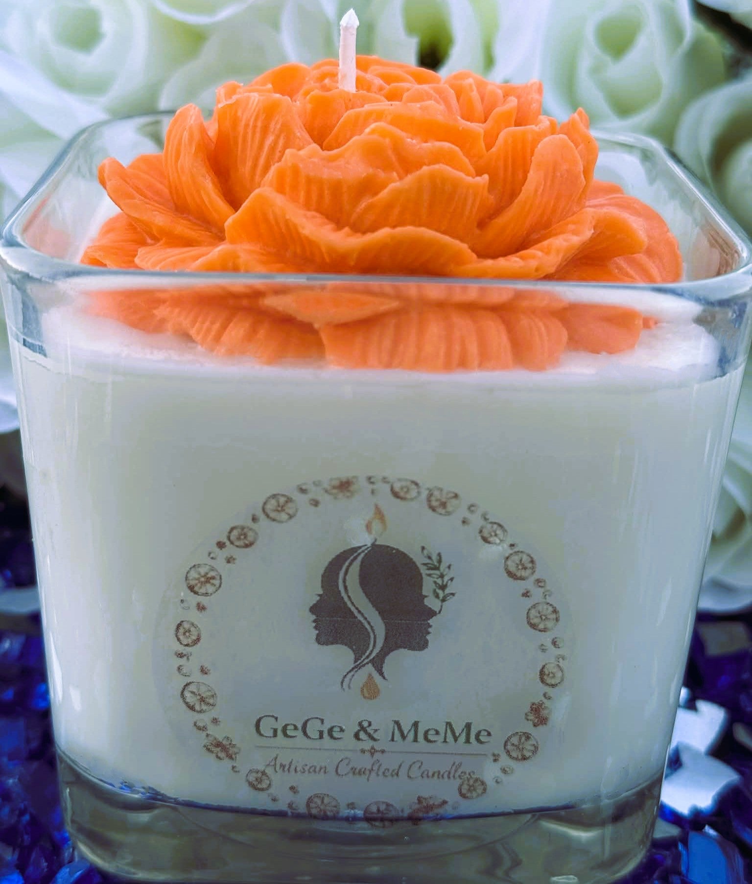 Square White Candle with Orange Peony