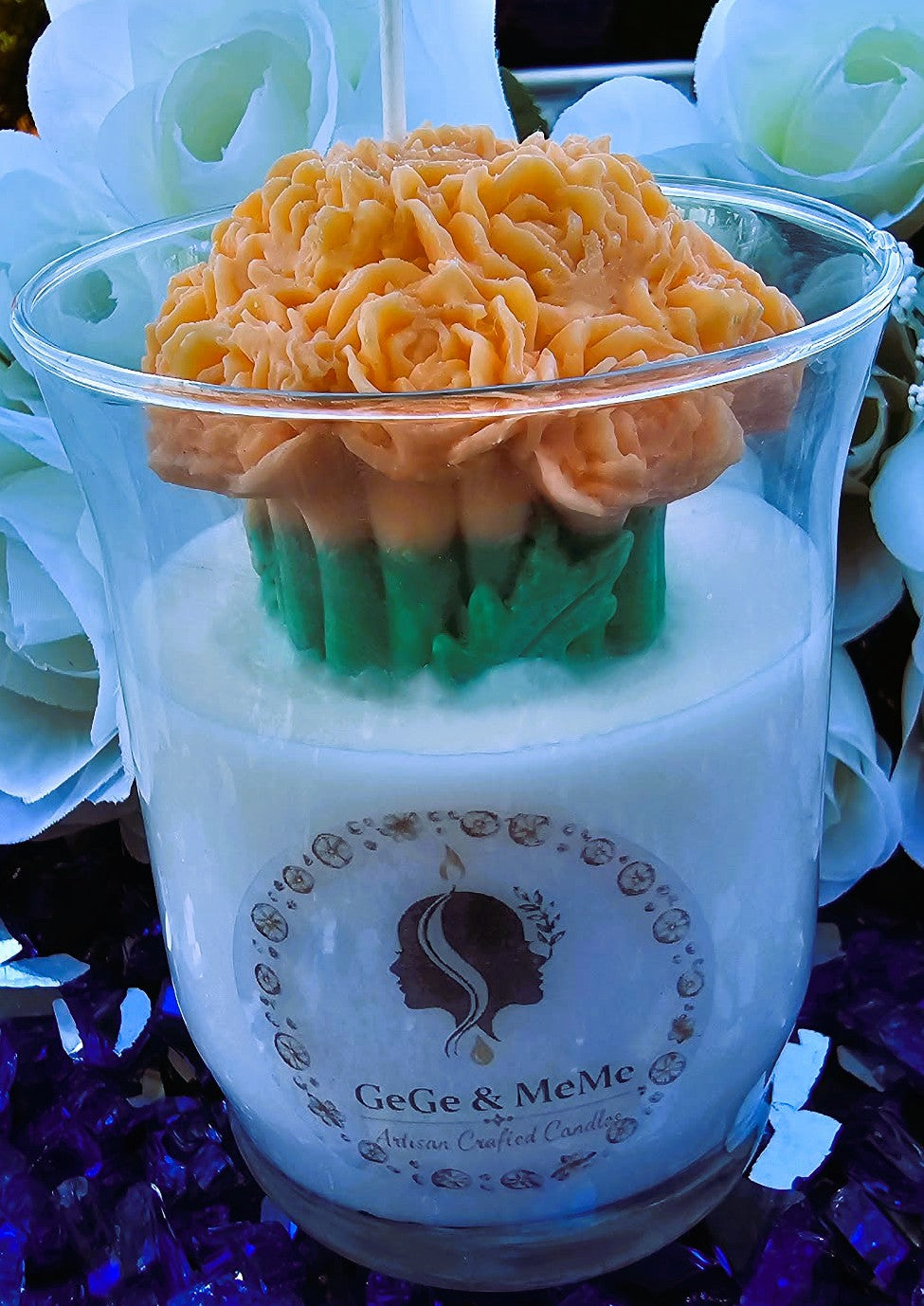 Round White Flared Candle with Yellow Rose Bouquet