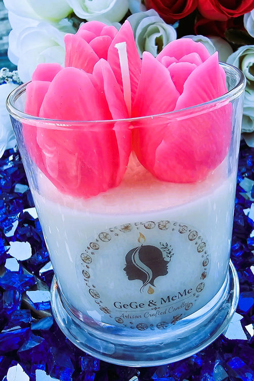 Round White Candle with Pink Tulips
