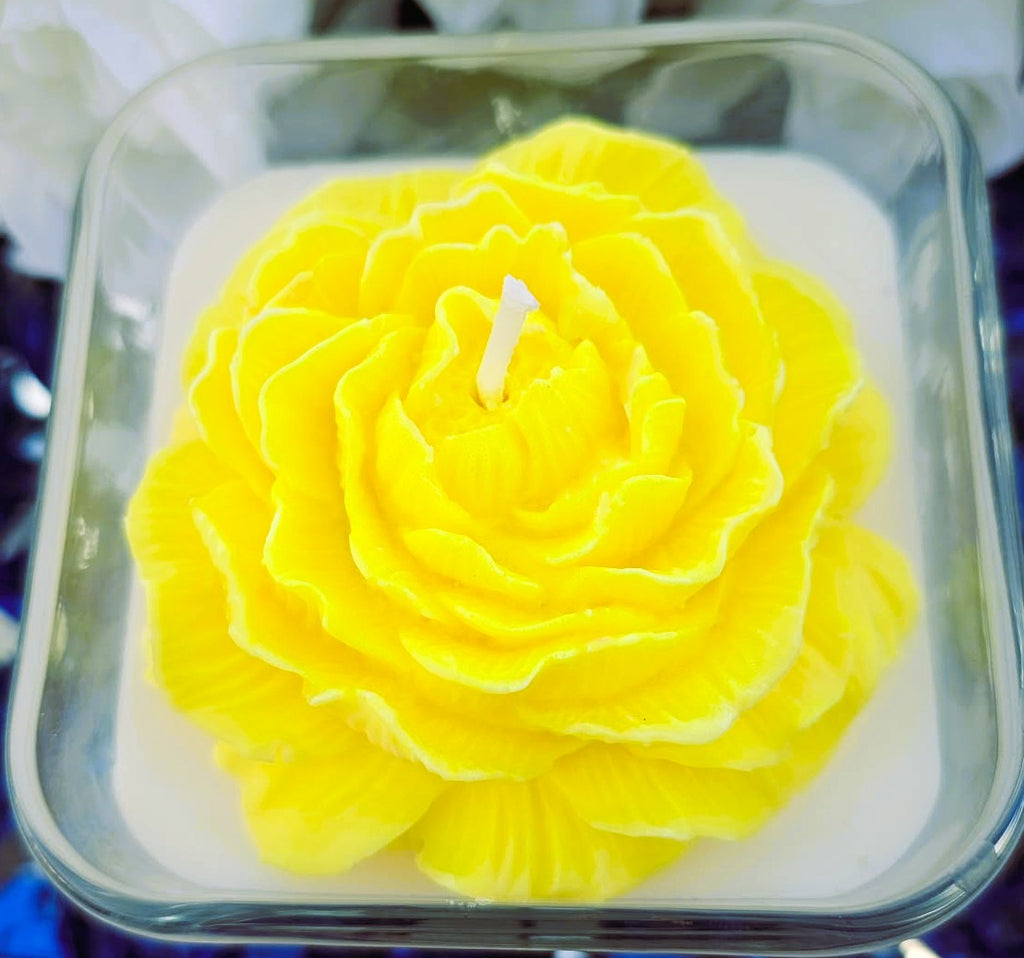 Square White Candle with Yellow Peony