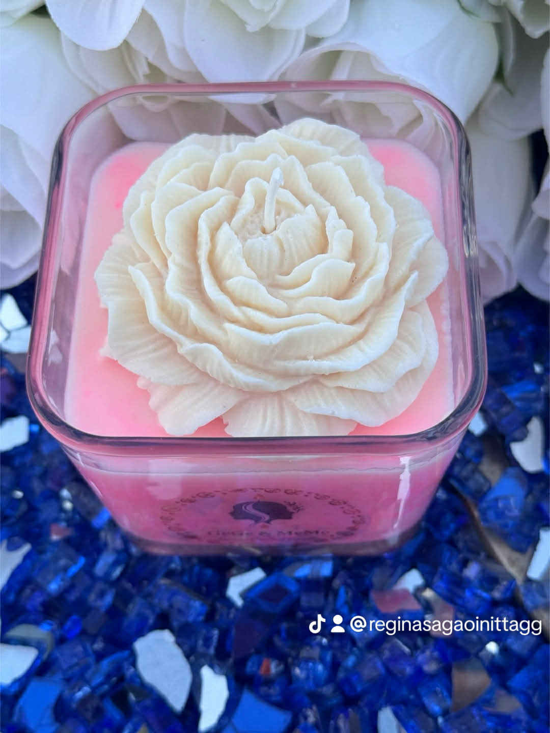 Square Pink Candle with White Peony