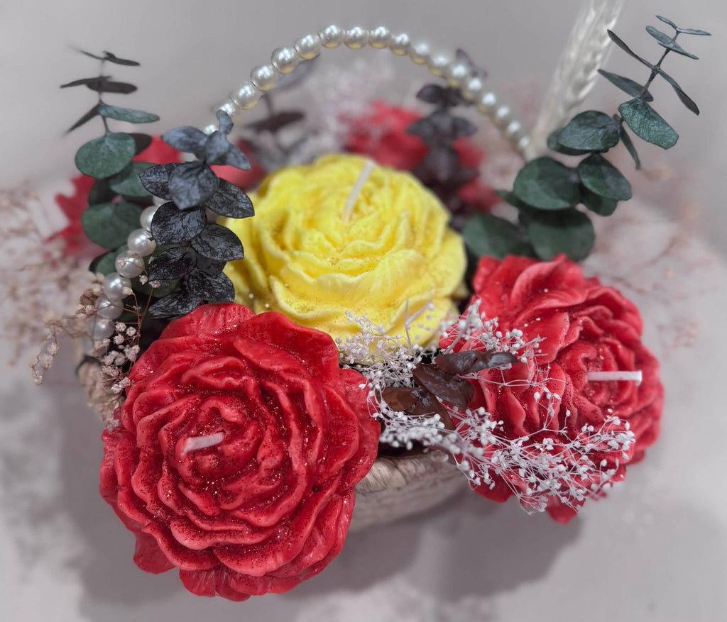 Pearl Handle Basket with mixed Peony Candles
