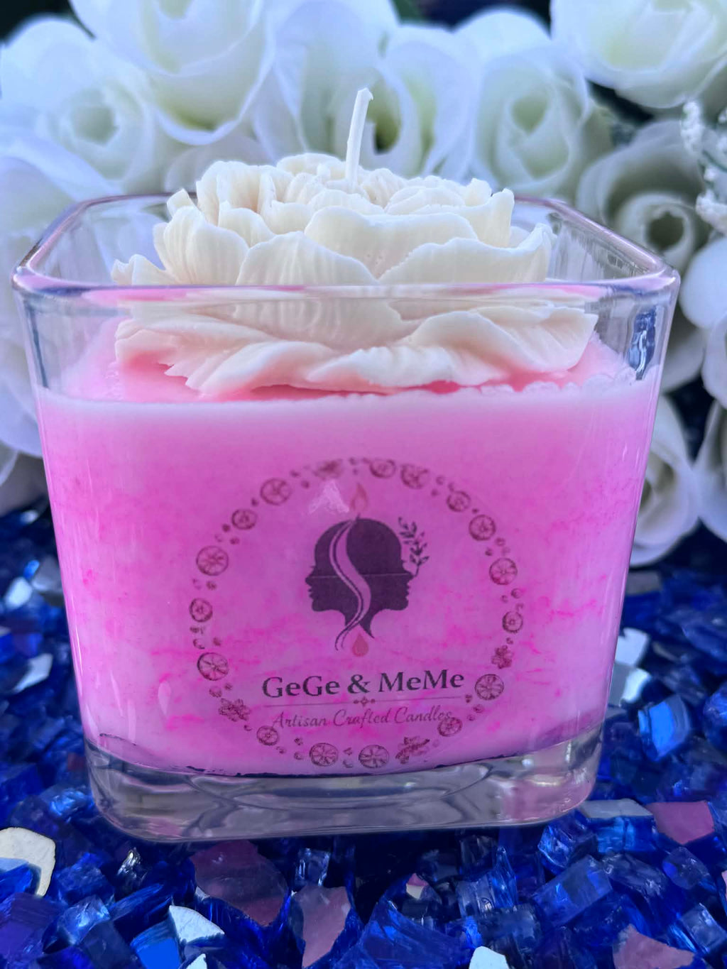 Square Pink Candle with White Peony